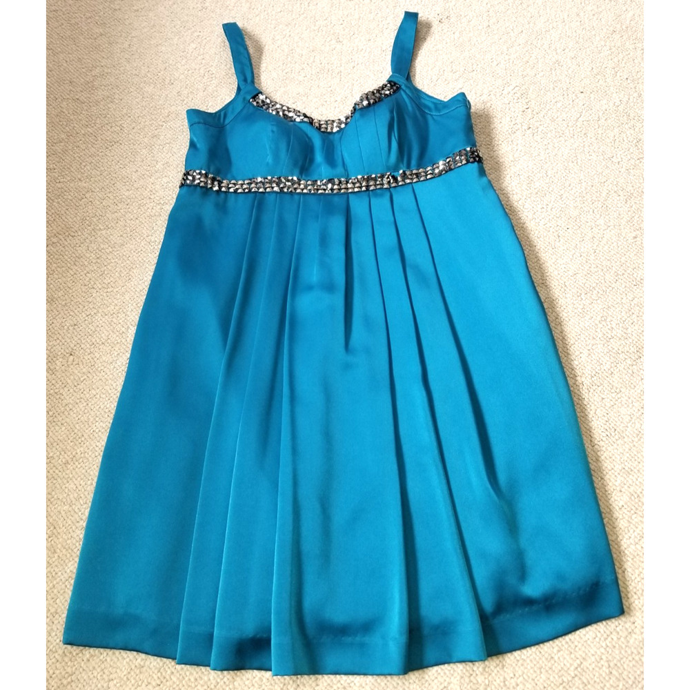 Womens Dress-CALVIN KLEIN-blue silky beaded empire Cocktail babydoll Fairy-14